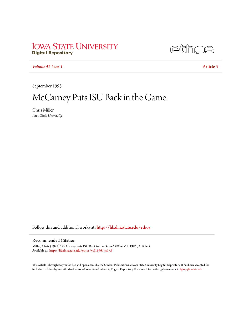 Mccarney Puts ISU Back in the Game Chris Miller Iowa State University