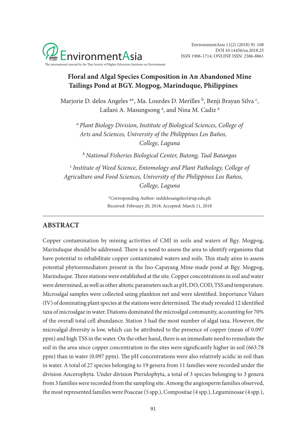 Floral and Algal Species Composition in an Abandoned Mine Tailings Pond at BGY