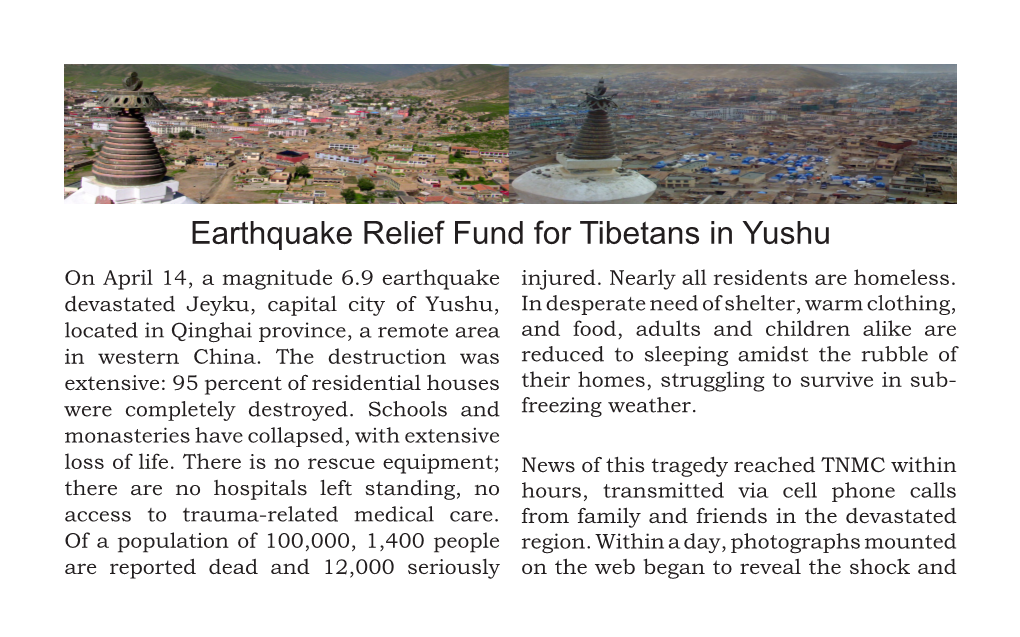 Earthquake Relief Fund for Tibetans in Yushu on April 14, a Magnitude 6.9 Earthquake Injured