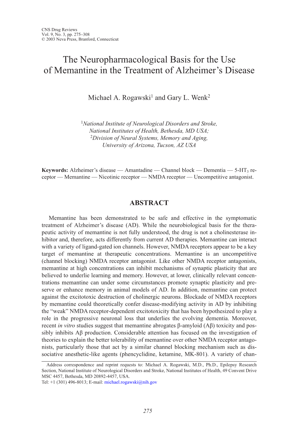 The Neuropharmacological Basis for the Use of Memantine in the Treatment of Alzheimer’S Disease