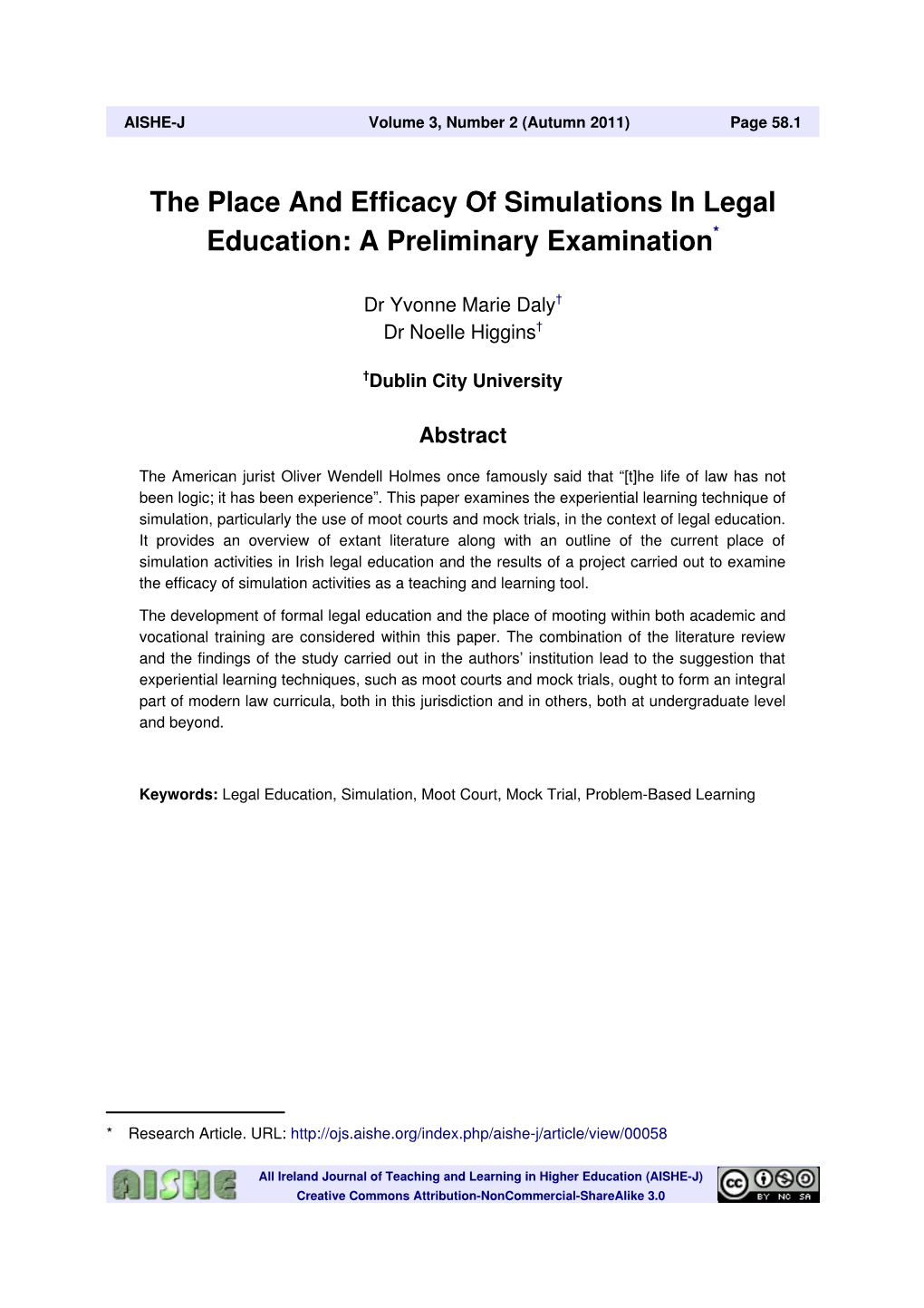 The Place and Efficacy of Simulations in Legal Education: a Preliminary Examination*