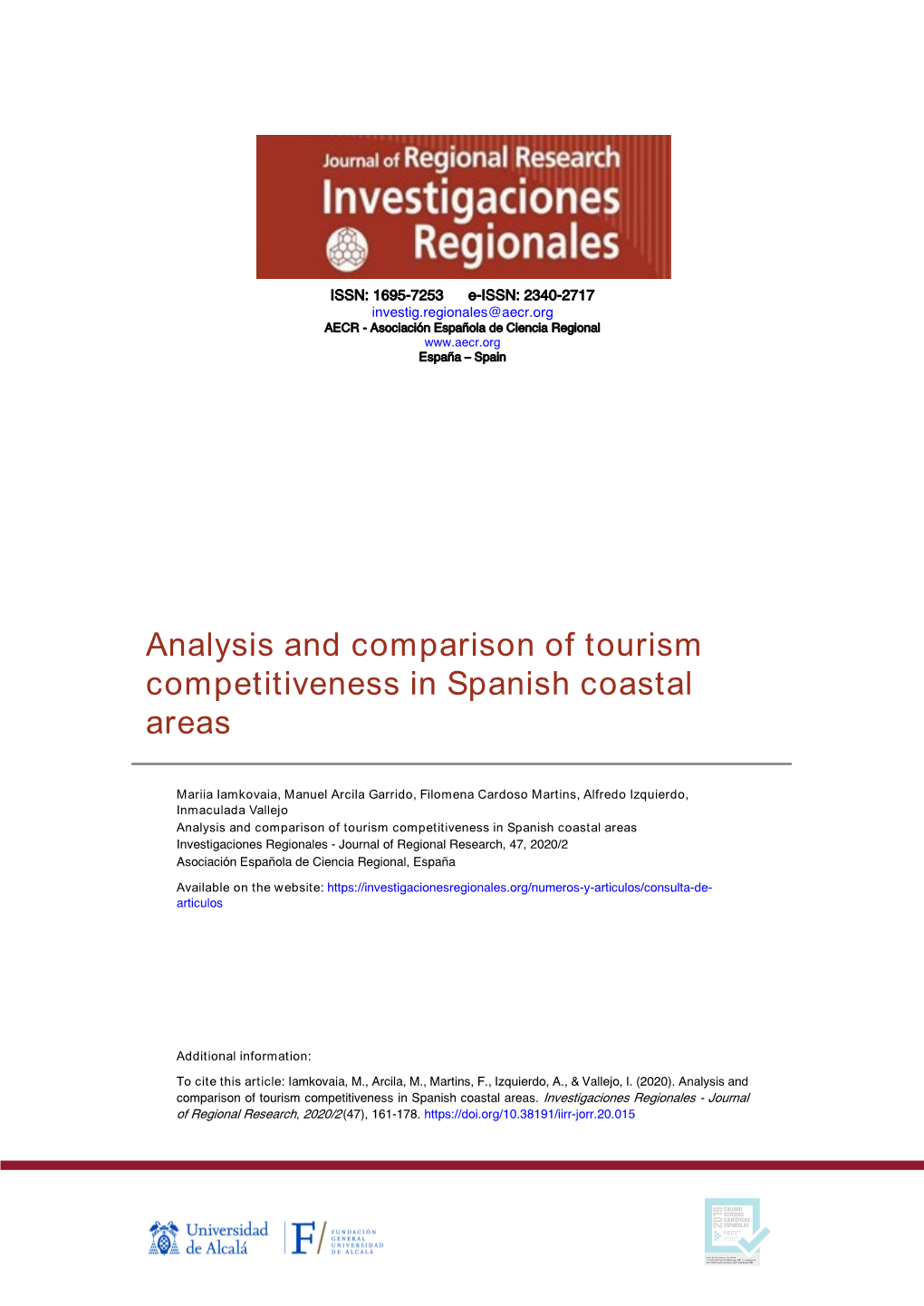 Analysis and Comparison of Tourism Competitiveness in Spanish Coastal Areas