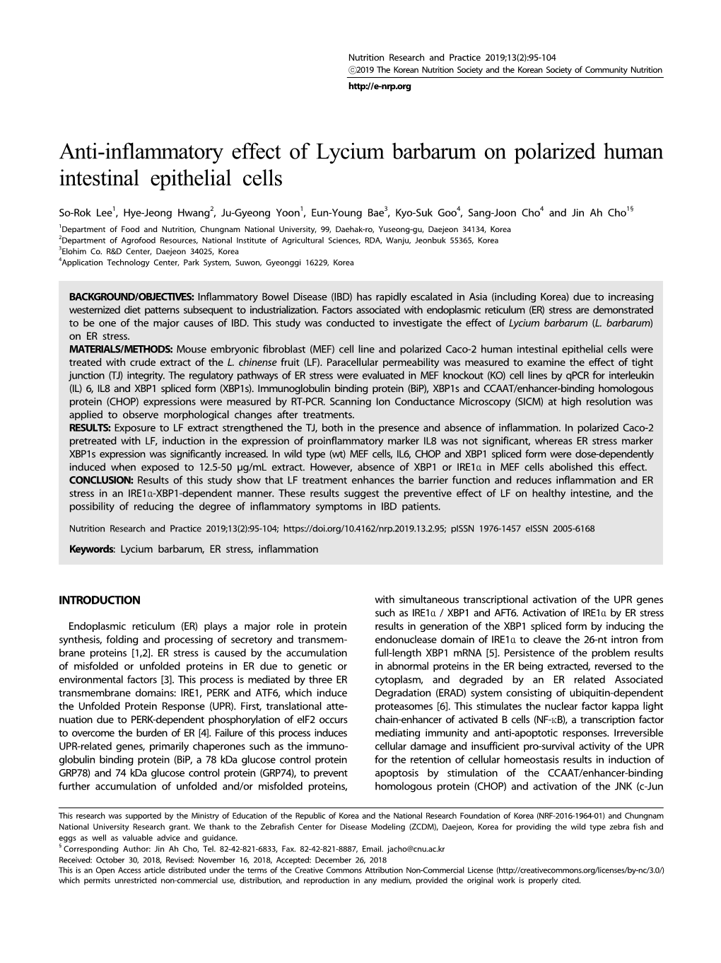 Anti-Inflammatory Effect of Lycium Barbarum on Polarized Human Intestinal Epithelial Cells