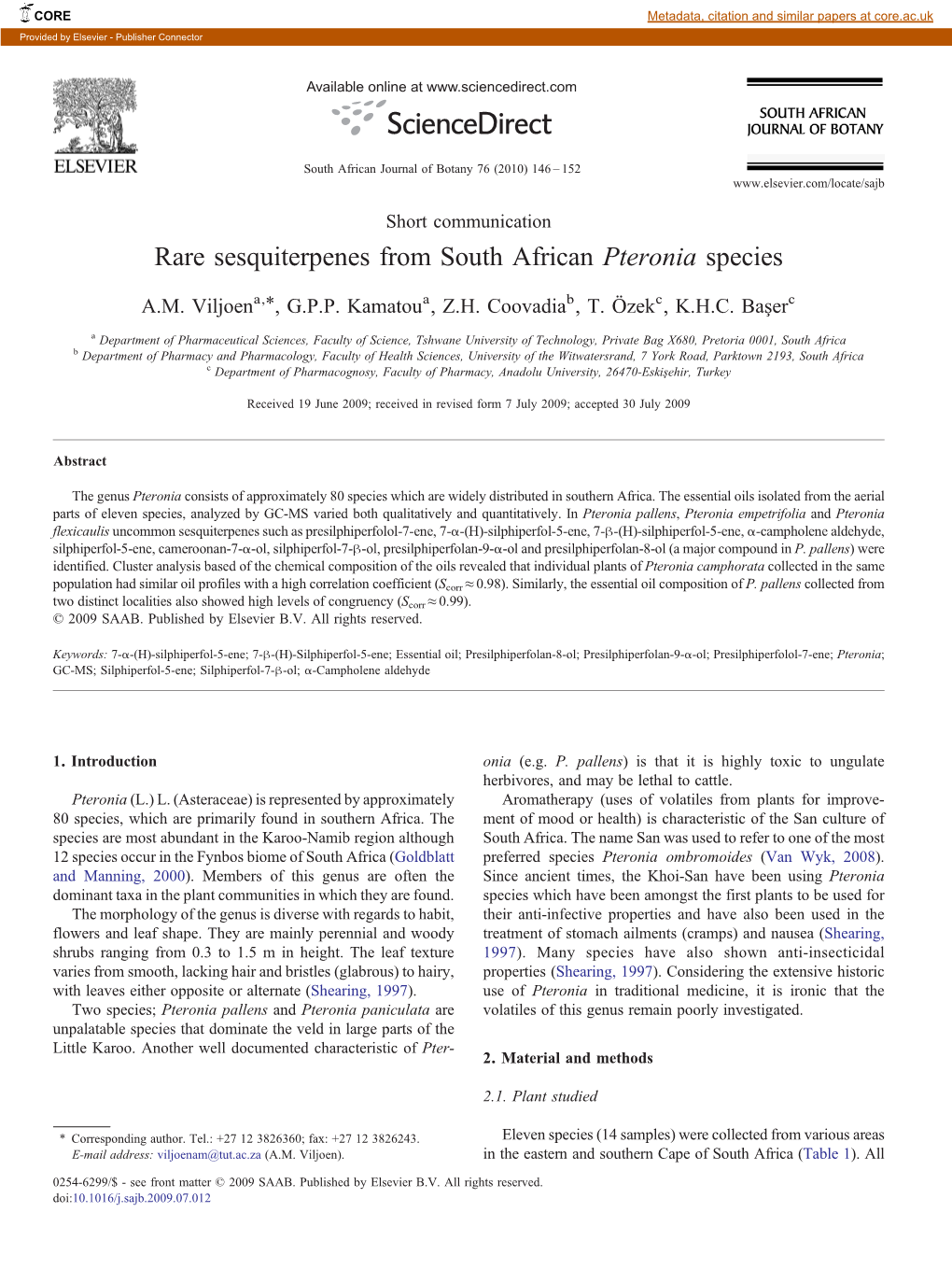 Rare Sesquiterpenes from South African Pteronia Species ⁎ A.M