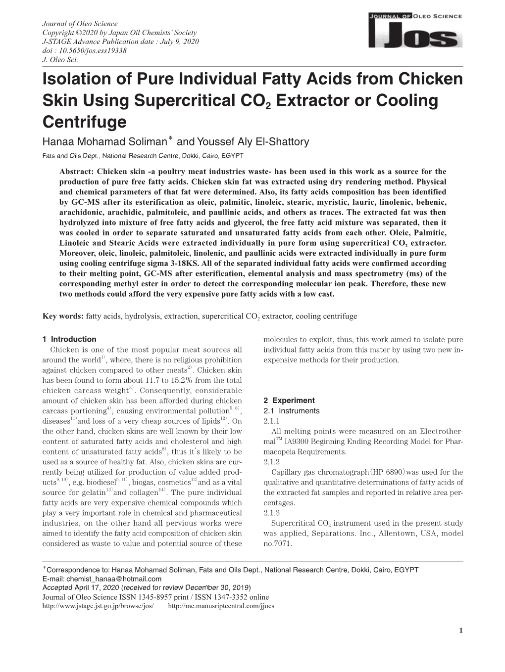 Isolation of Pure Individual Fatty Acids from Chicken Skin Using