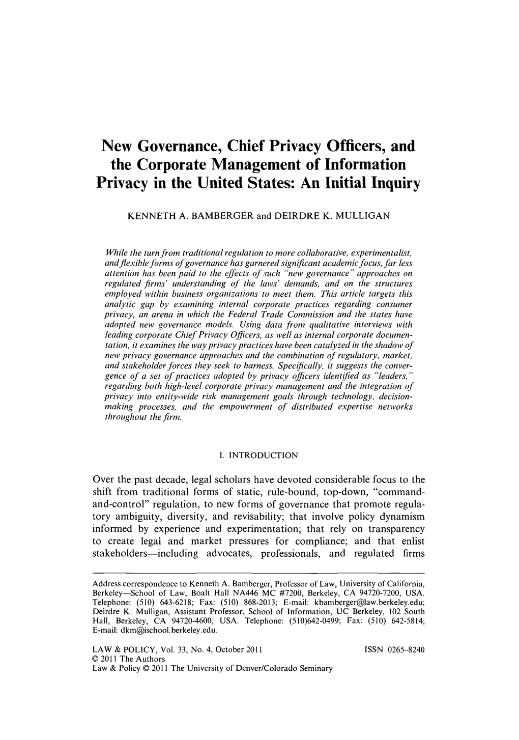 New Governance, Chief Privacy Officers, and the Corporate Management of Information Privacy in the United States: an Initial Inquiry