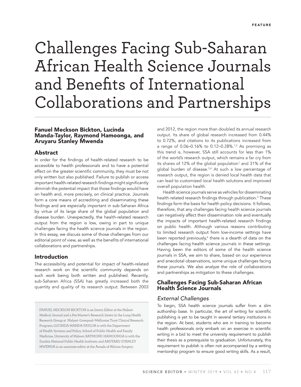 Challenges Facing Sub-Saharan African Health Science Journals and Beneﬁ Ts of International Collaborations and Partnerships