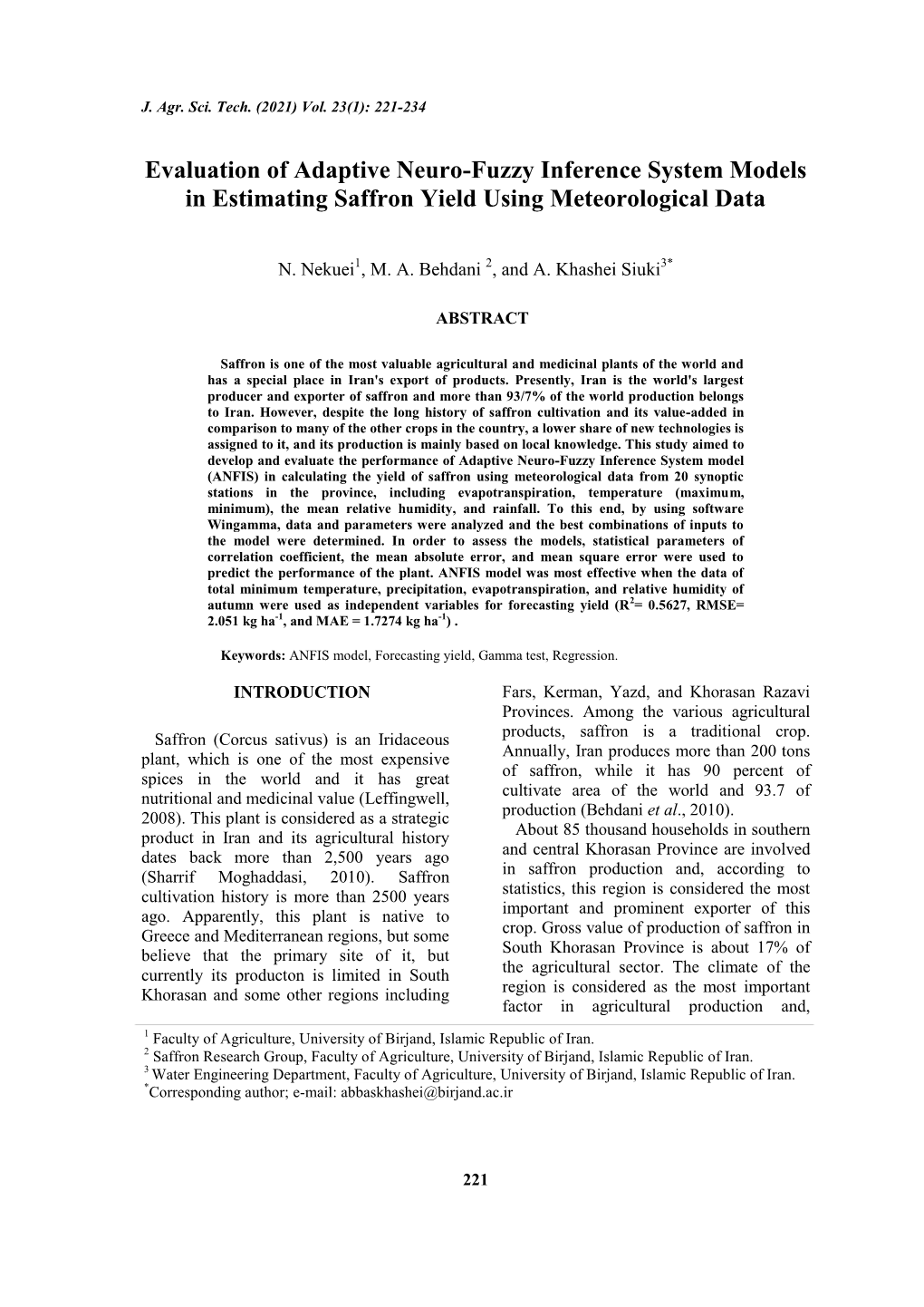 Evaluation of Adaptive Neuro-Fuzzy Inference System Models in Estimating Saffron Yield Using Meteorological Data