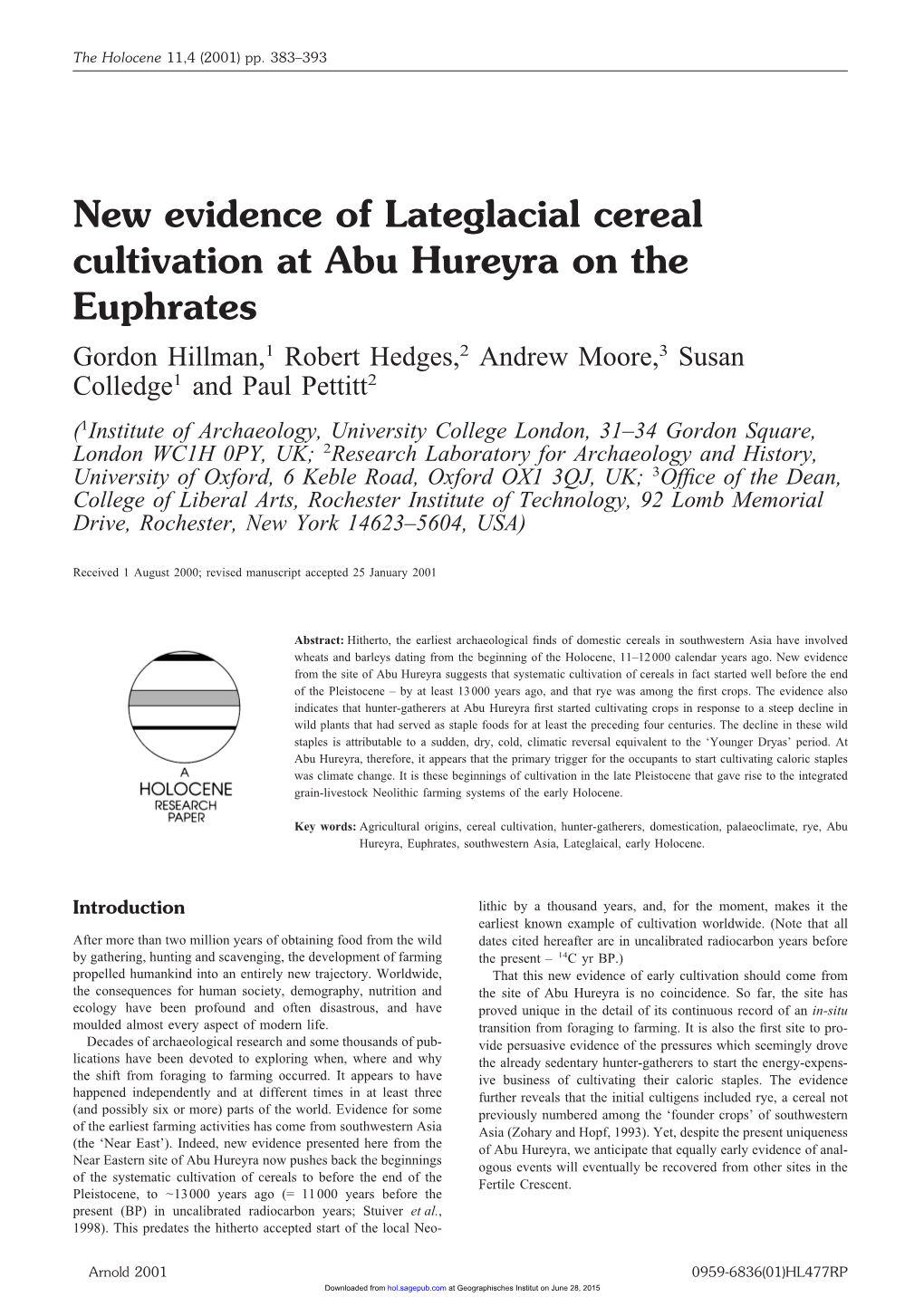 New Evidence of Lateglacial Cereal Cultivation at Abu Hureyra on The