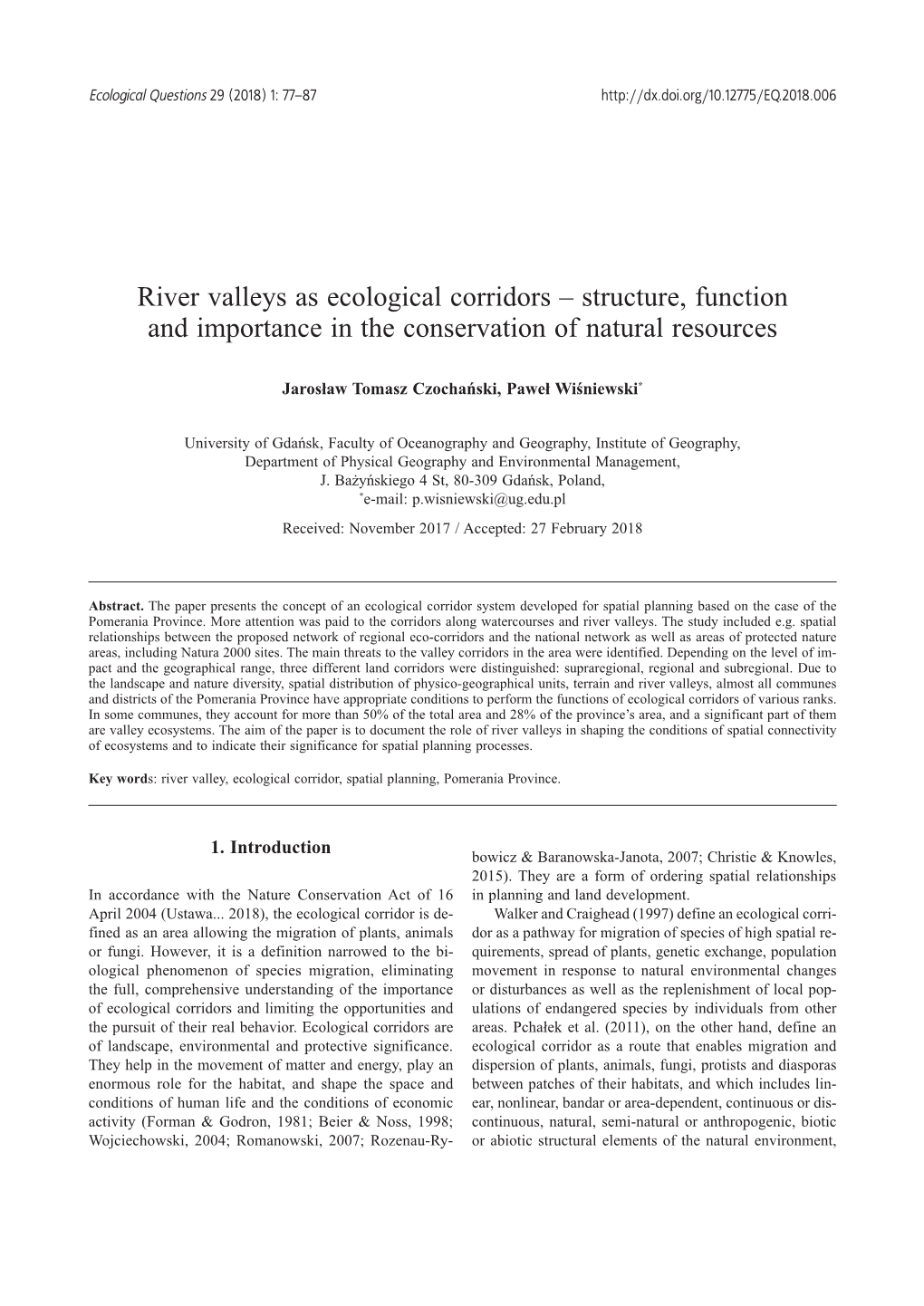 River Valleys As Ecological Corridors – Structure, Function and Importance in the Conservation of Natural Resources