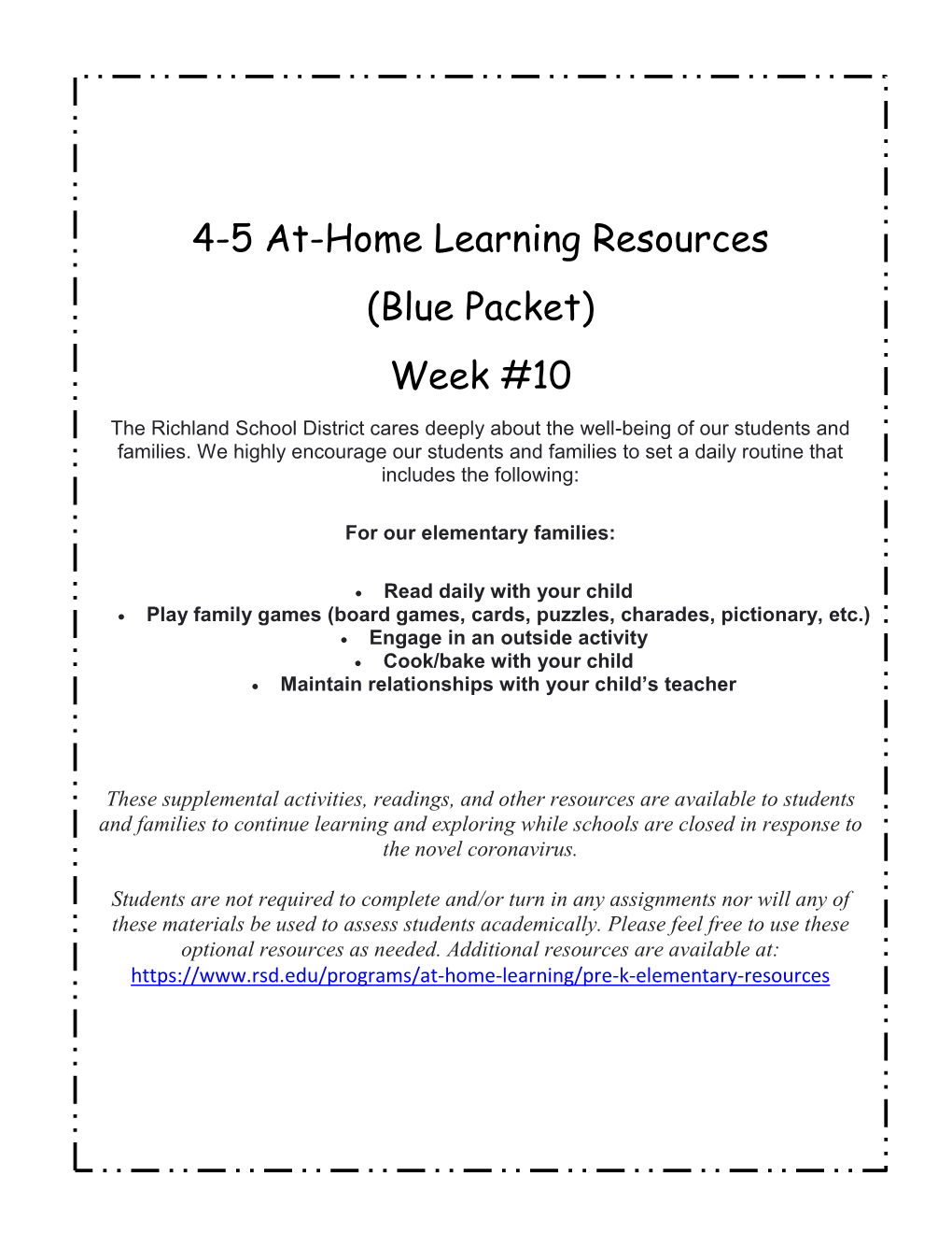 4-5 At-Home Learning Resources (Blue Packet) Week #10