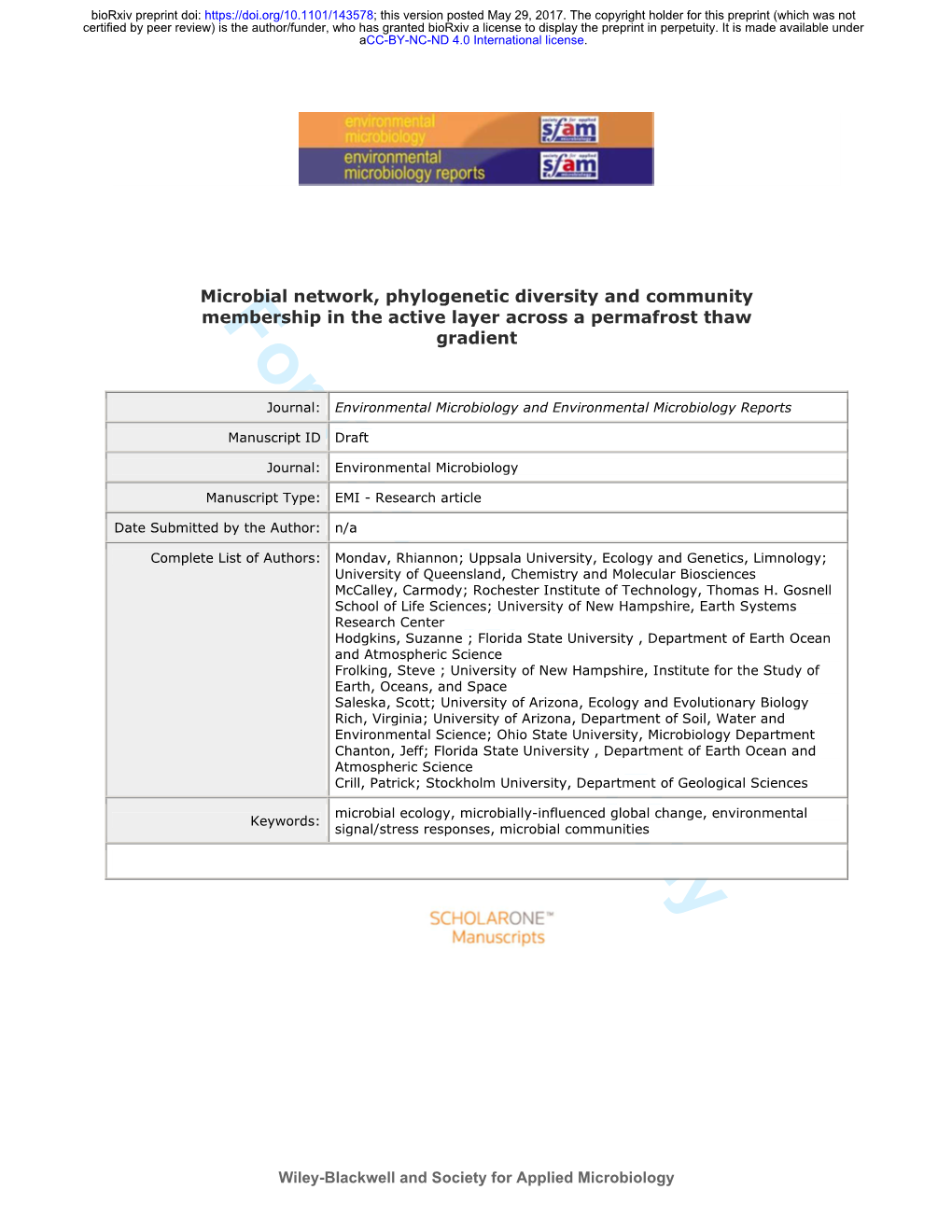 Microbial Network, Phylogenetic Diversity and Community Membershipfor Peer in the Active Review Layer Across a Permafrostonly Thaw Gradient