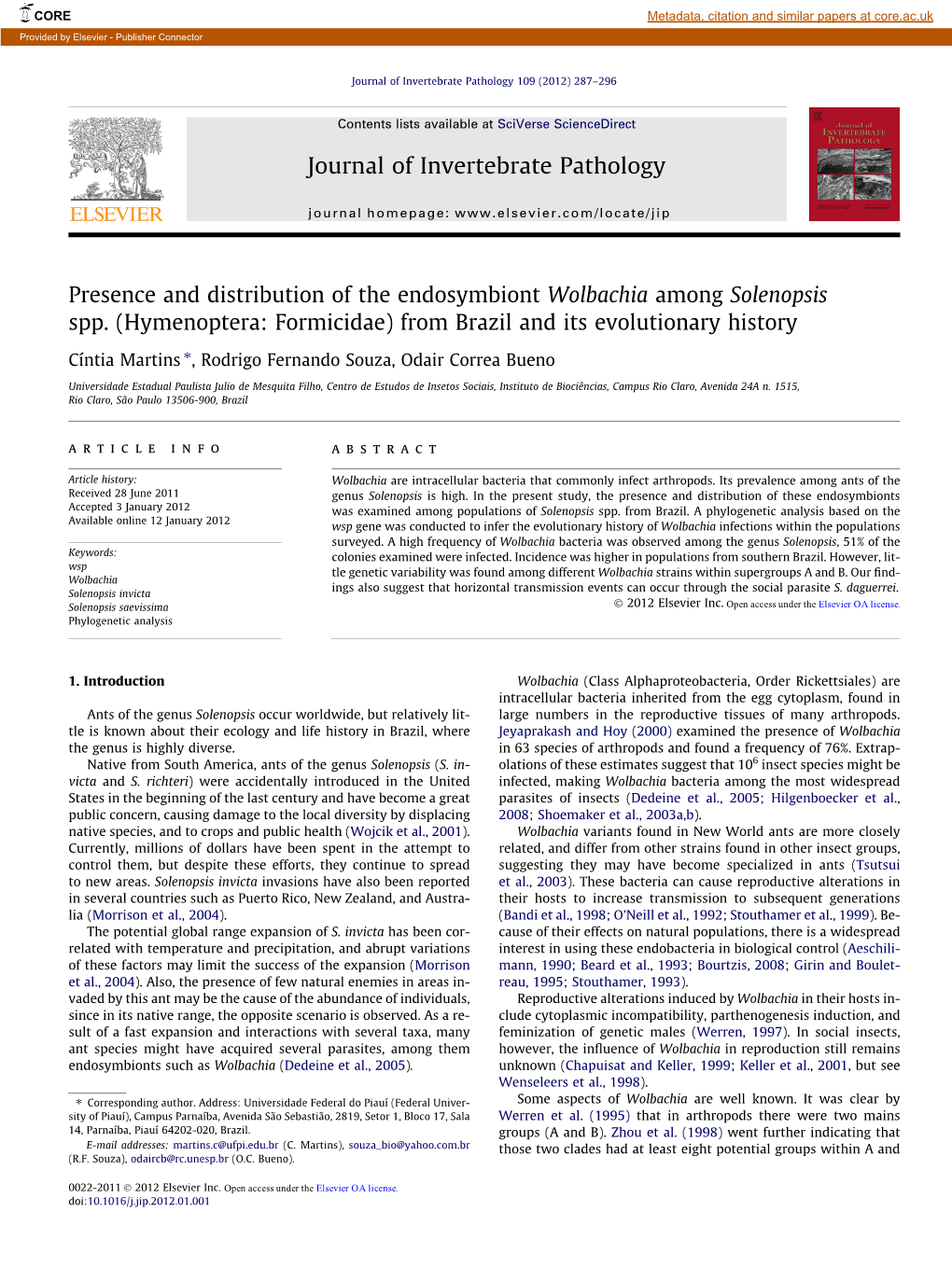 Presence and Distribution of the Endosymbiont Wolbachia Among Solenopsis Spp