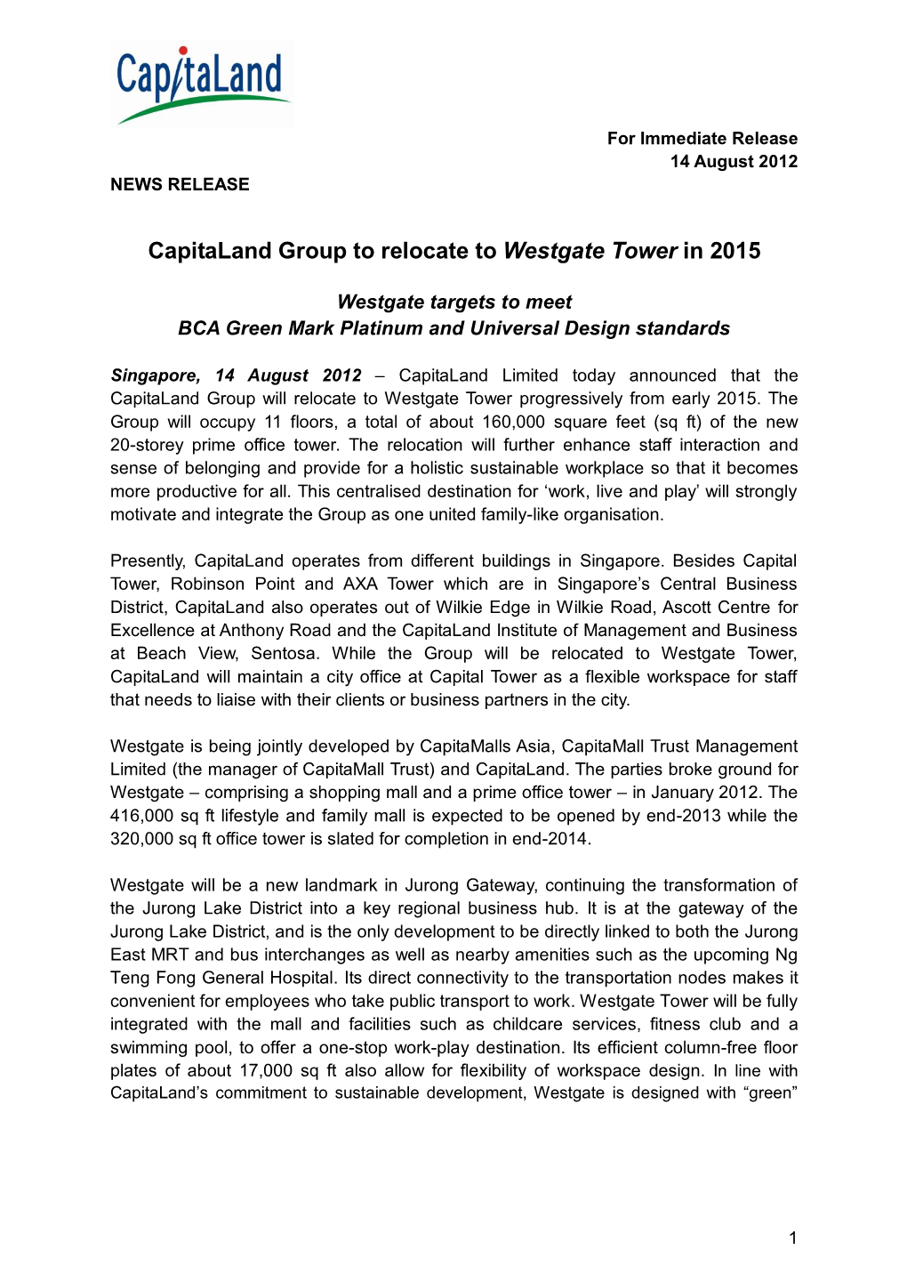 Capitaland Group to Relocate to Westgate Tower in 2015