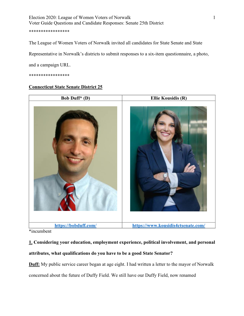 Election 2020: League of Women Voters of Norwalk 1 Voter Guide Questions and Candidate Responses: Senate 25Th District *****************