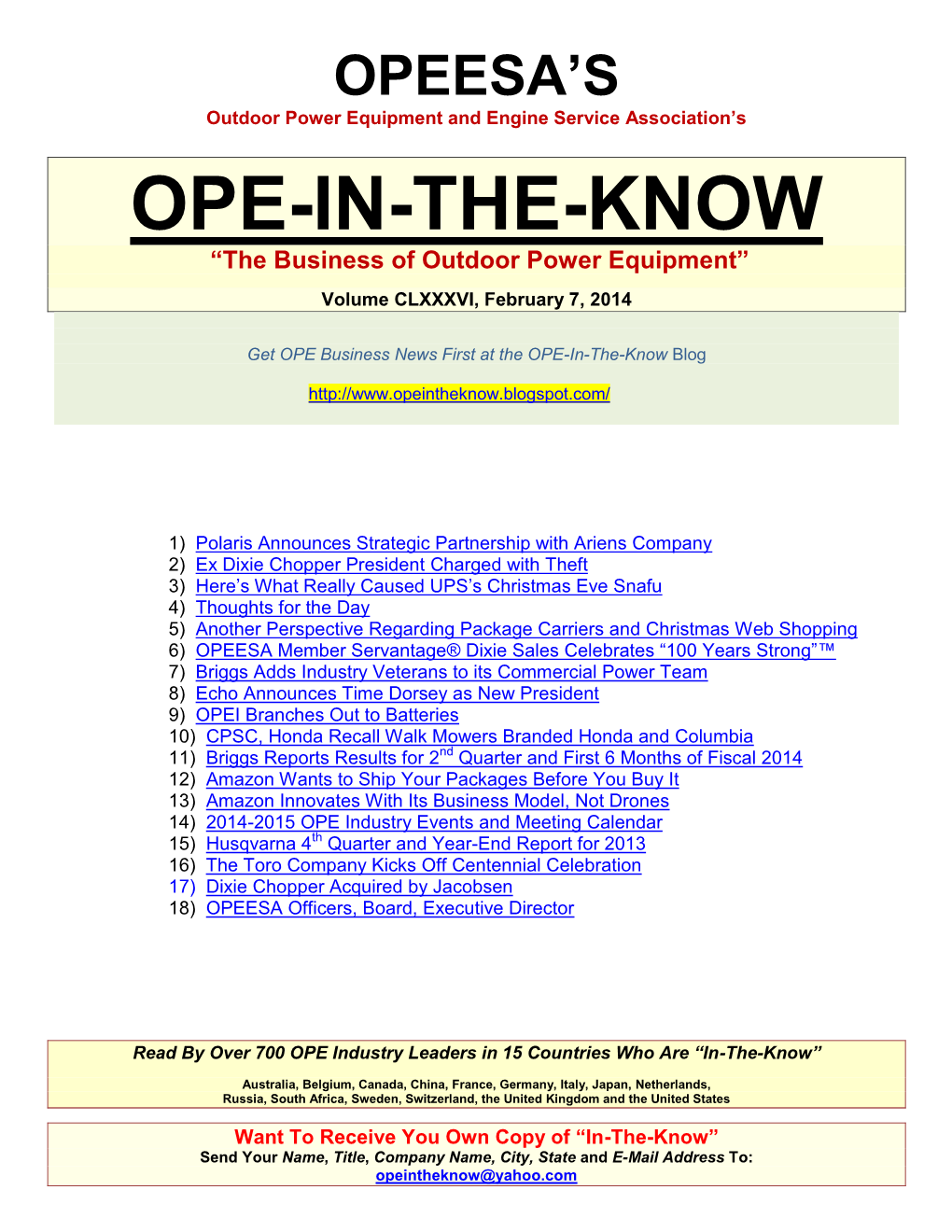 OPE-IN-THE-KNOW “The Business of Outdoor Power Equipment”