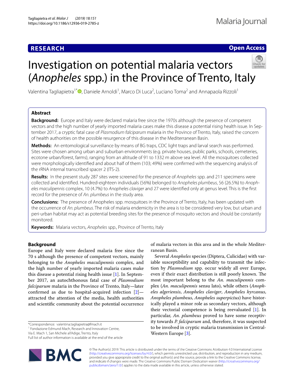 (Anopheles Spp.) in the Province of Trento, Italy Valentina Tagliapietra1* , Daniele Arnoldi1, Marco Di Luca2, Luciano Toma2 and Annapaola Rizzoli1