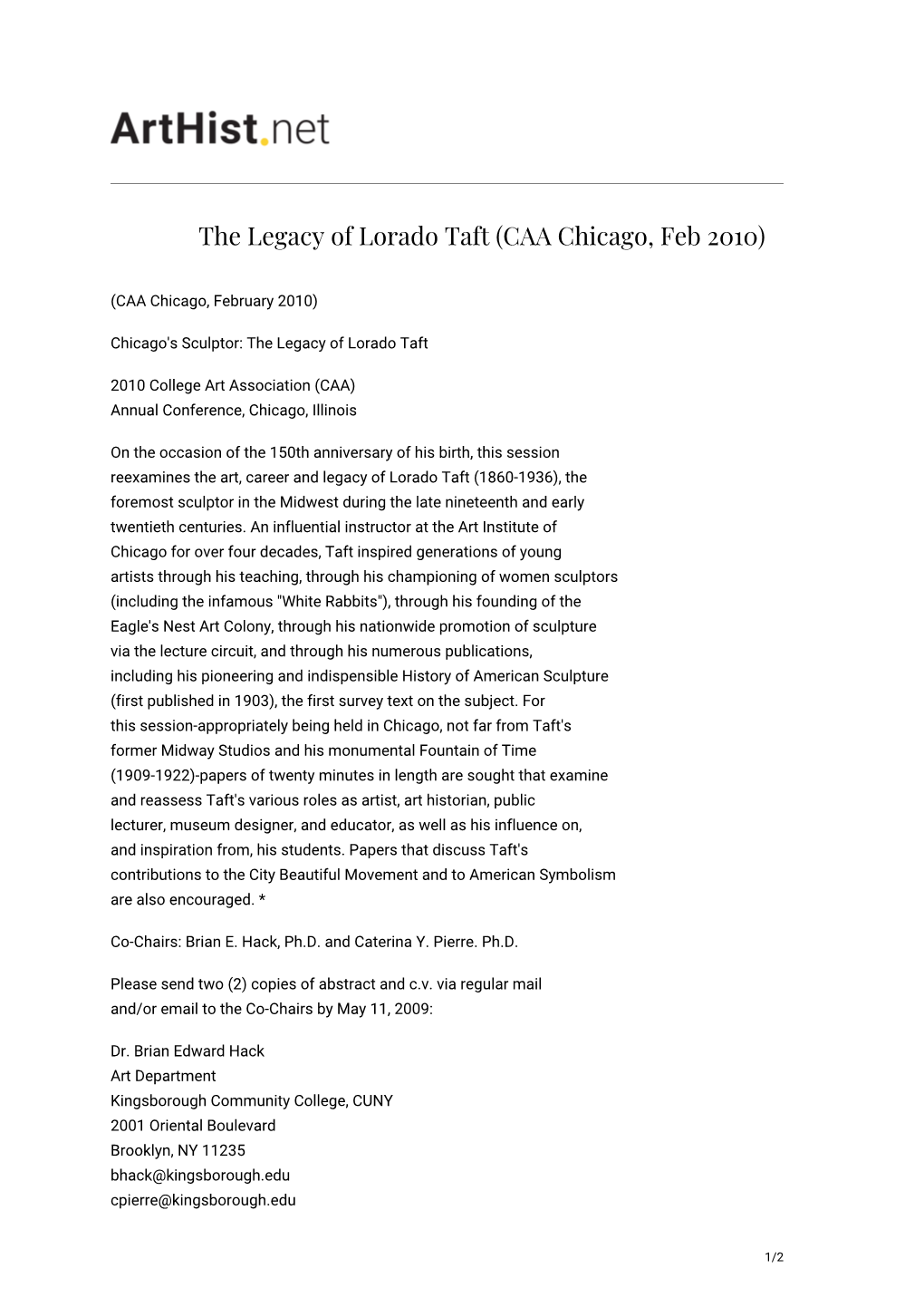 The Legacy of Lorado Taft (CAA Chicago, Feb 2010)