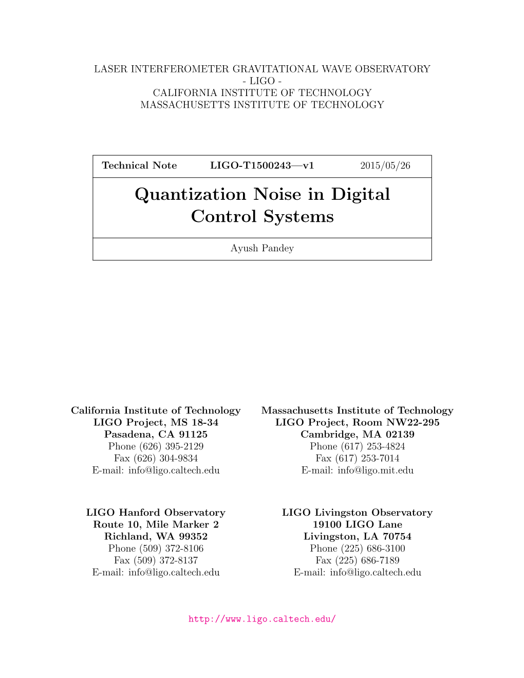 Quantization Noise in Digital Control Systems