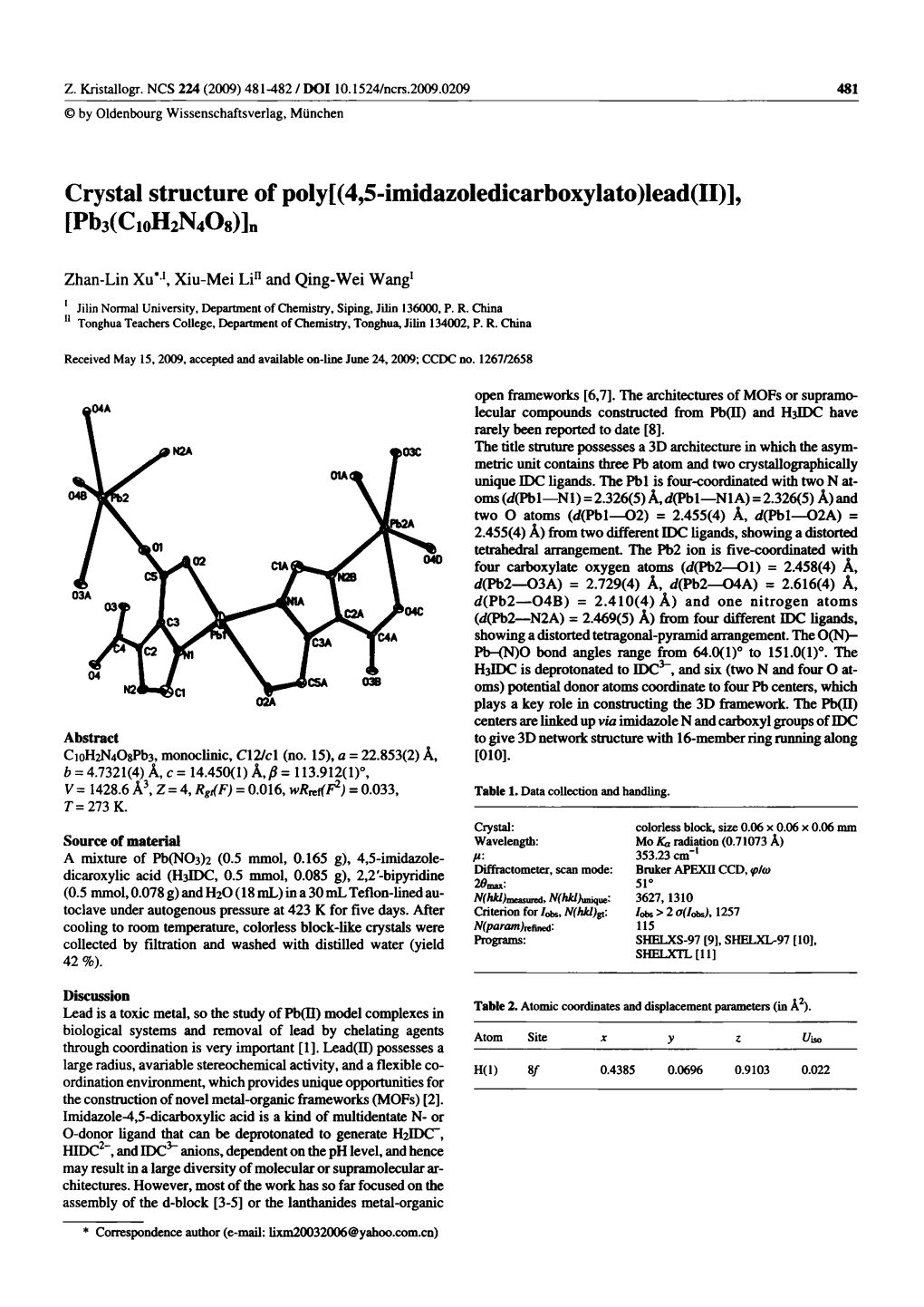 Crystal Structure of Poly [(4, 5-Imidazoledicarboxylato) Lead (II