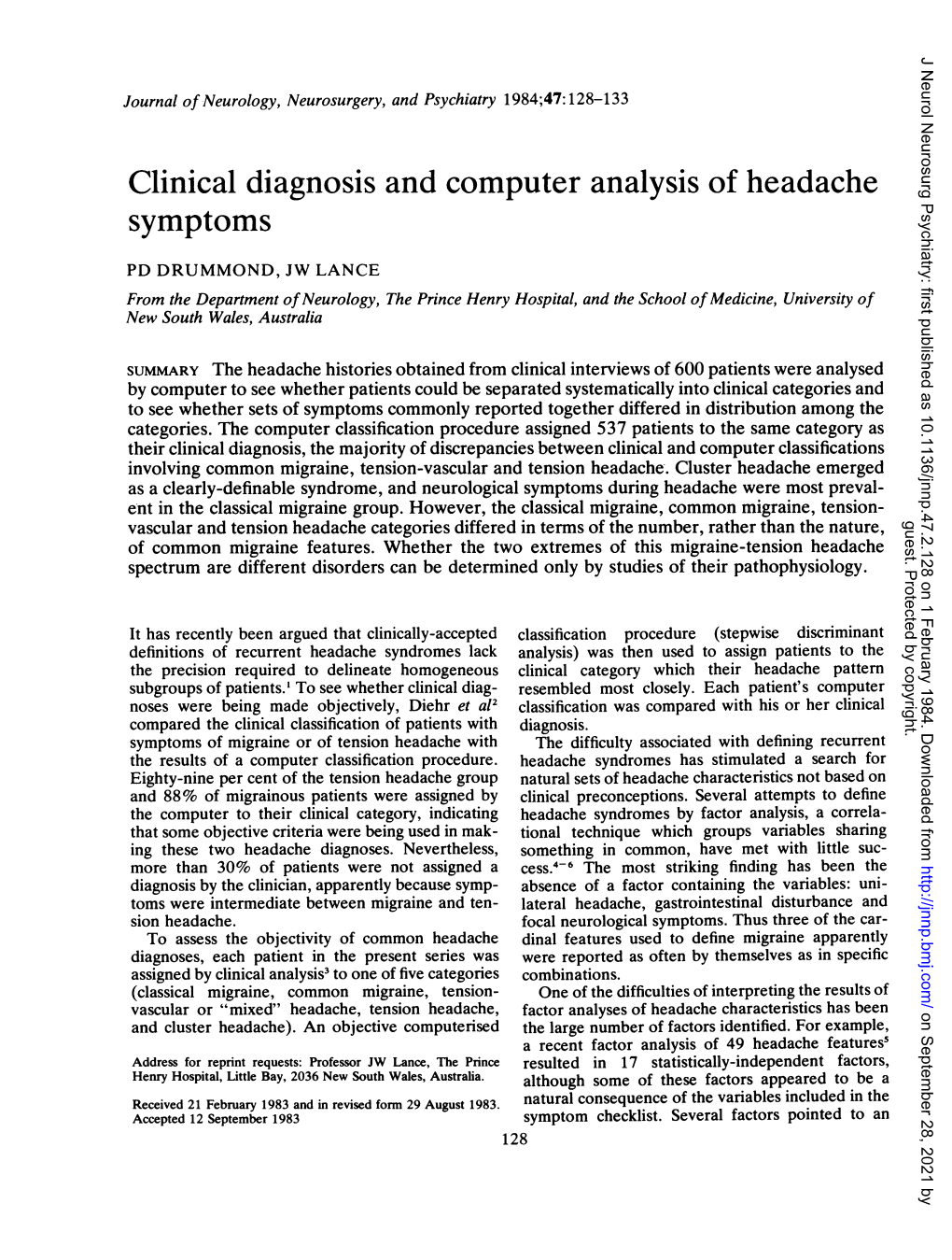Clinical Diagnosis and Computer Analysis of Headache Symptoms