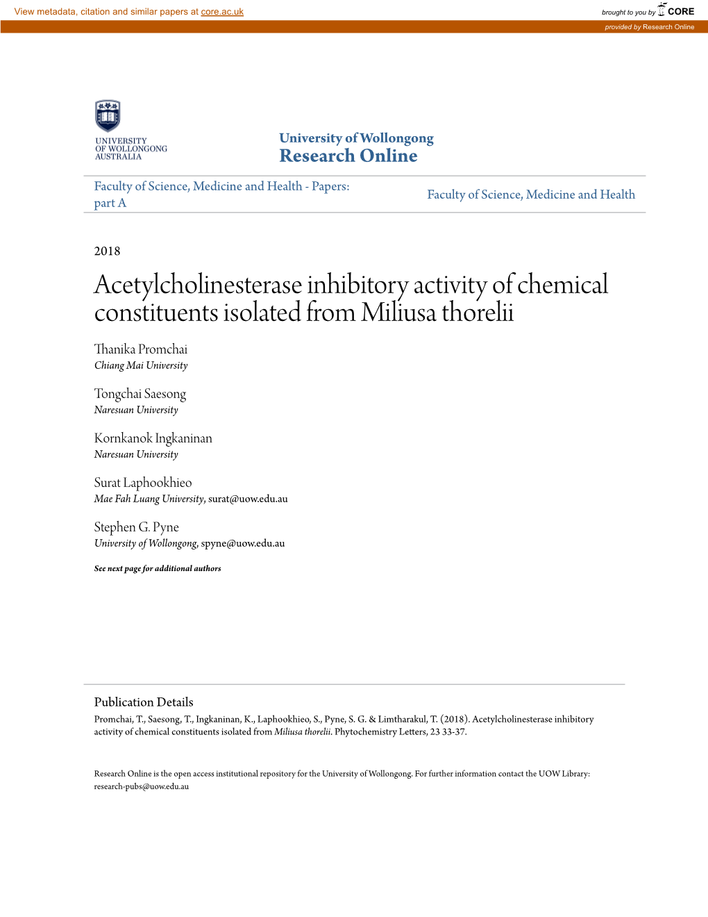 Acetylcholinesterase Inhibitory Activity of Chemical Constituents Isolated from Miliusa Thorelii Thanika Promchai Chiang Mai University