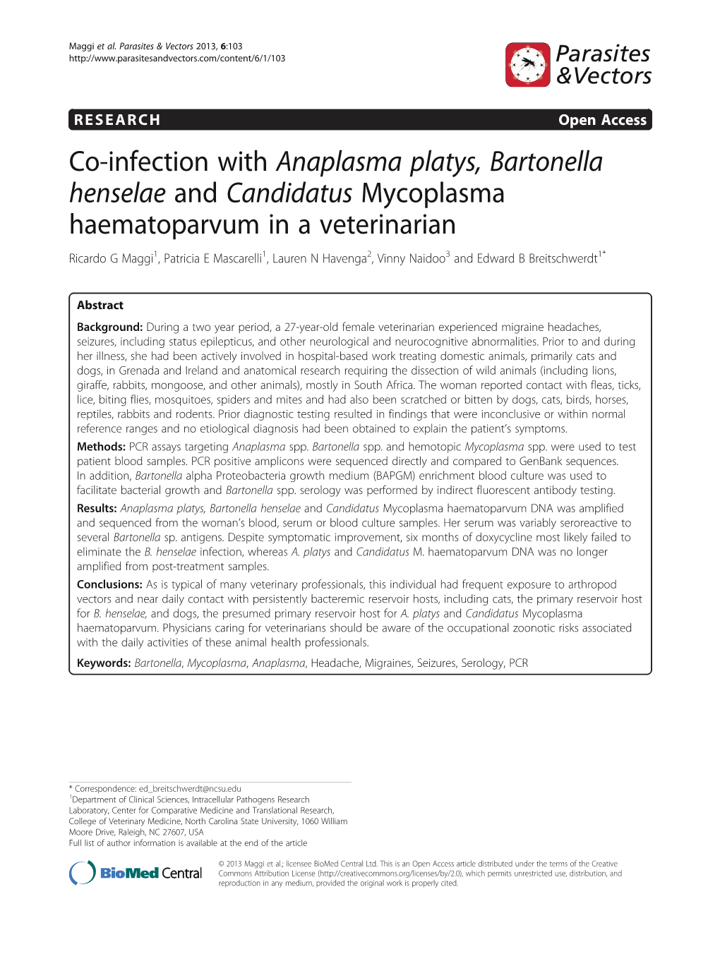Co-Infection with Anaplasma Platys, Bartonella Henselae And