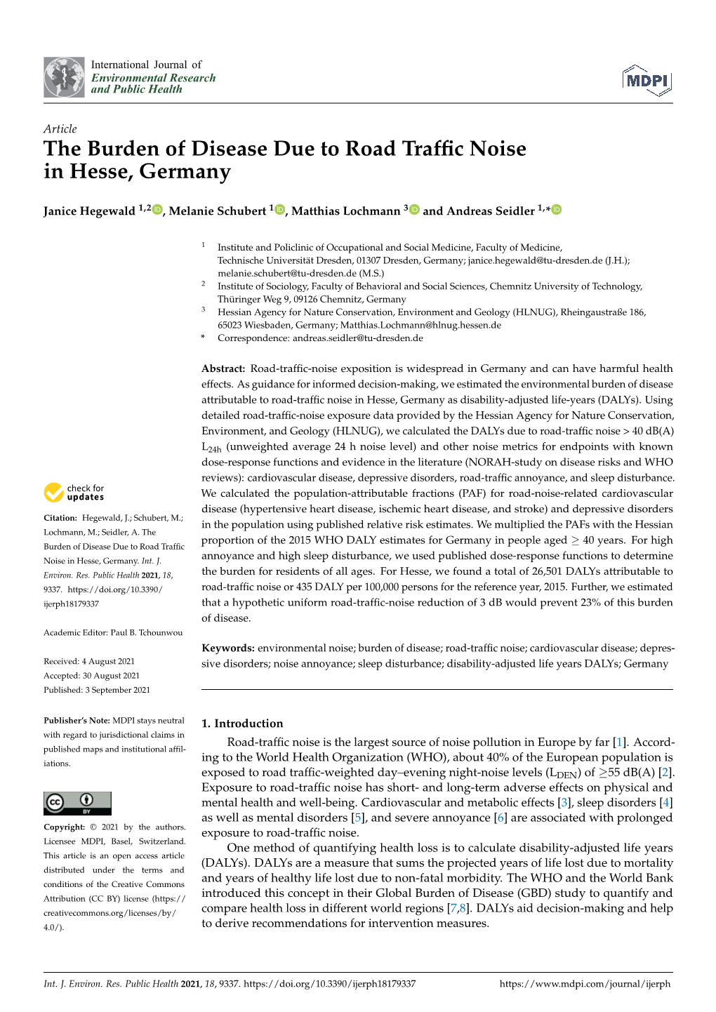 The Burden of Disease Due to Road Traffic Noise in Hesse, Germany