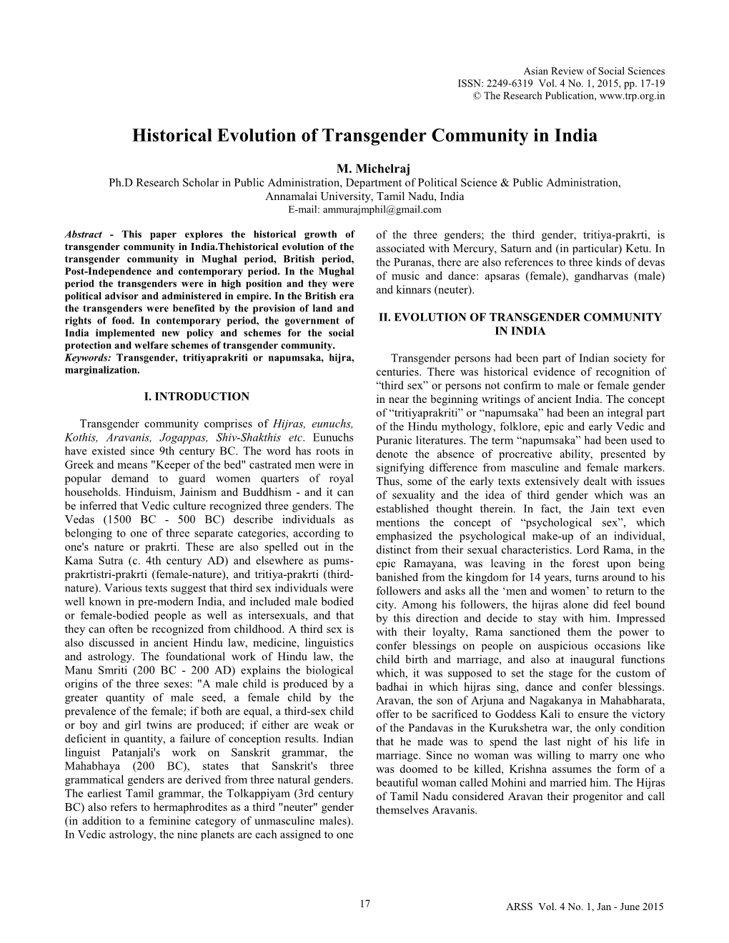 Historical Evolution of Transgender Community in India