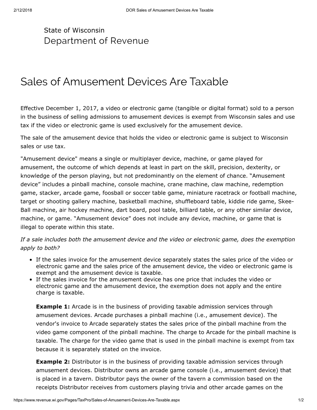 Sales of Amusement Devices Are Taxable