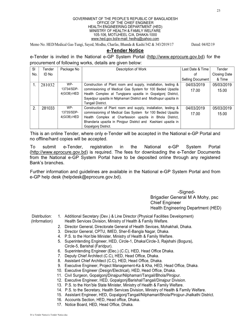 E-Tender Notice E-Tender Is Invited in the National E-GP System Portal ( for the Procurement of Following Works, Details Are Given Below