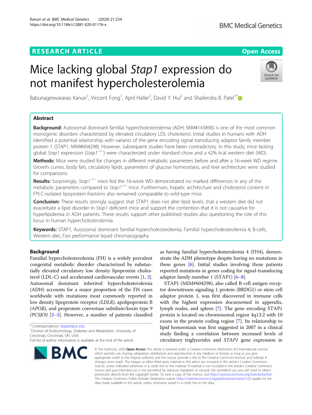 Mice Lacking Global Stap1 Expression Do Not Manifest Hypercholesterolemia Babunageswararao Kanuri1, Vincent Fong1, April Haller2, David Y