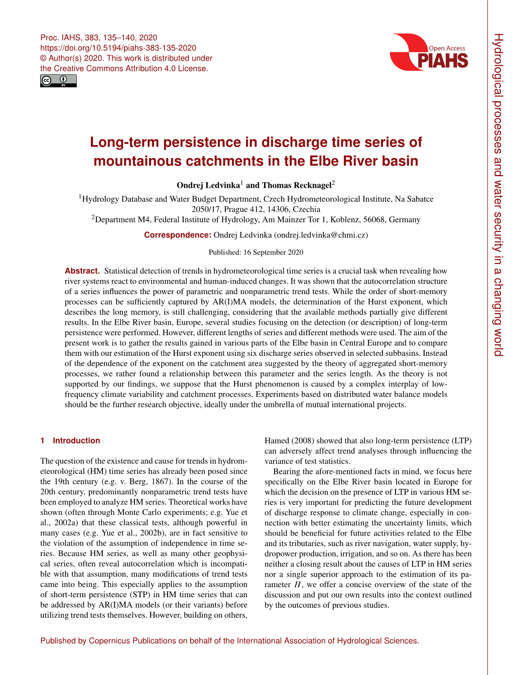 Long-Term Persistence in Discharge Time Series of Mountainous Catchments in the Elbe River Basin