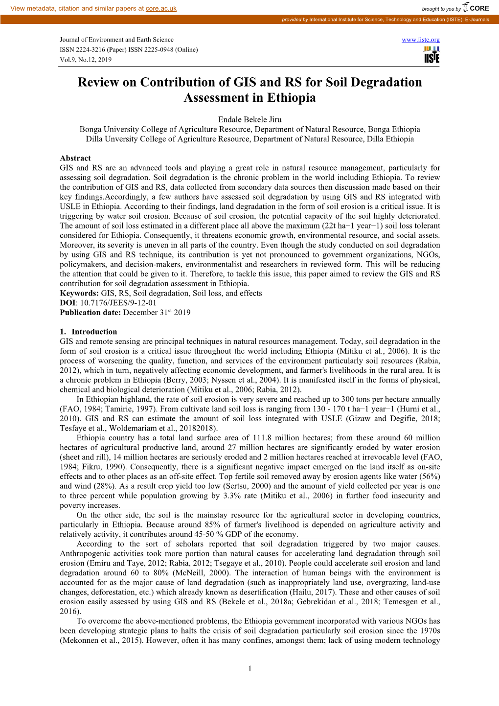 Review on Contribution of GIS and RS for Soil Degradation Assessment in Ethiopia