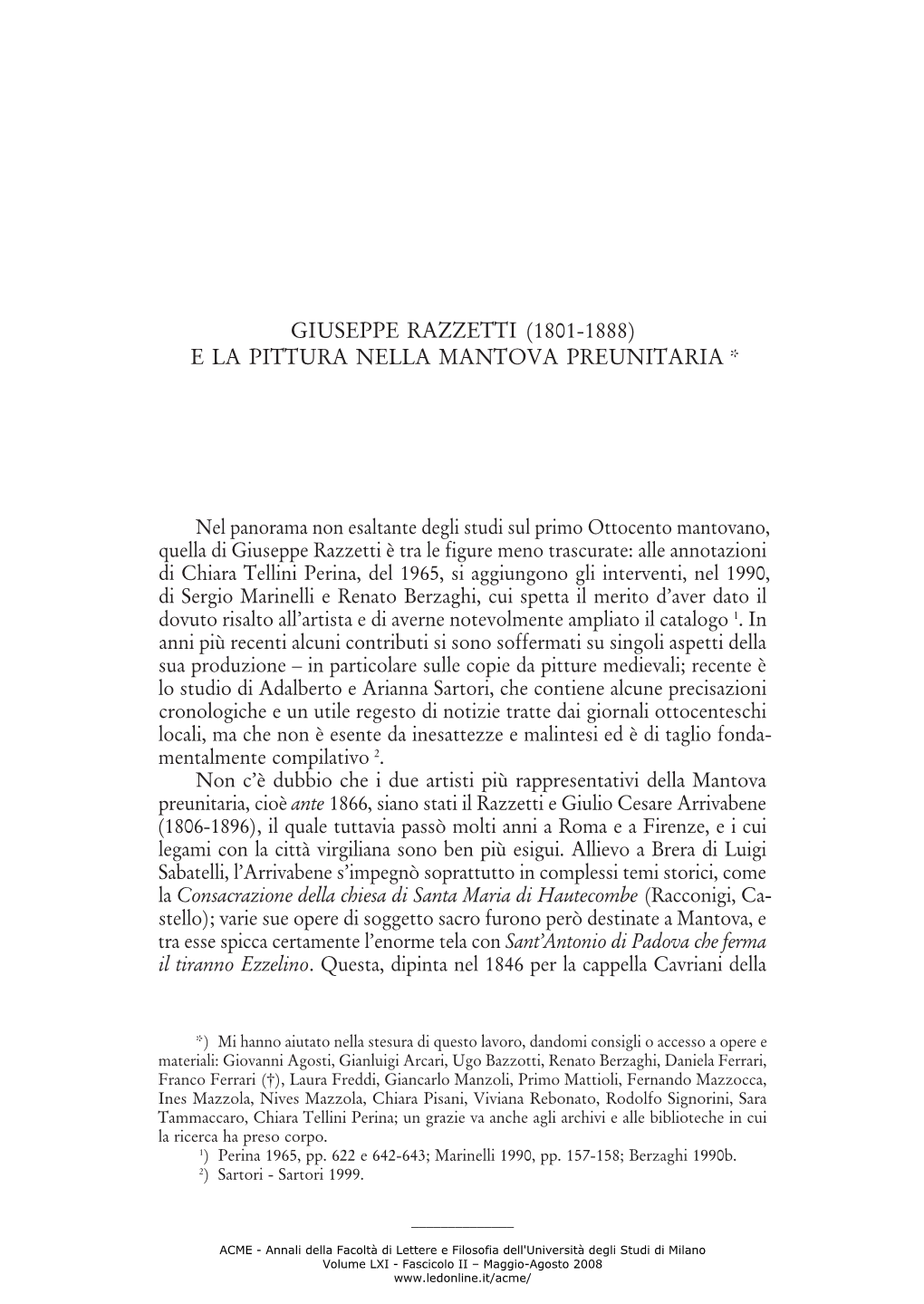 Giuseppe Razzetti (1801-1888) E La Pittura Nella Mantova Preunitaria *