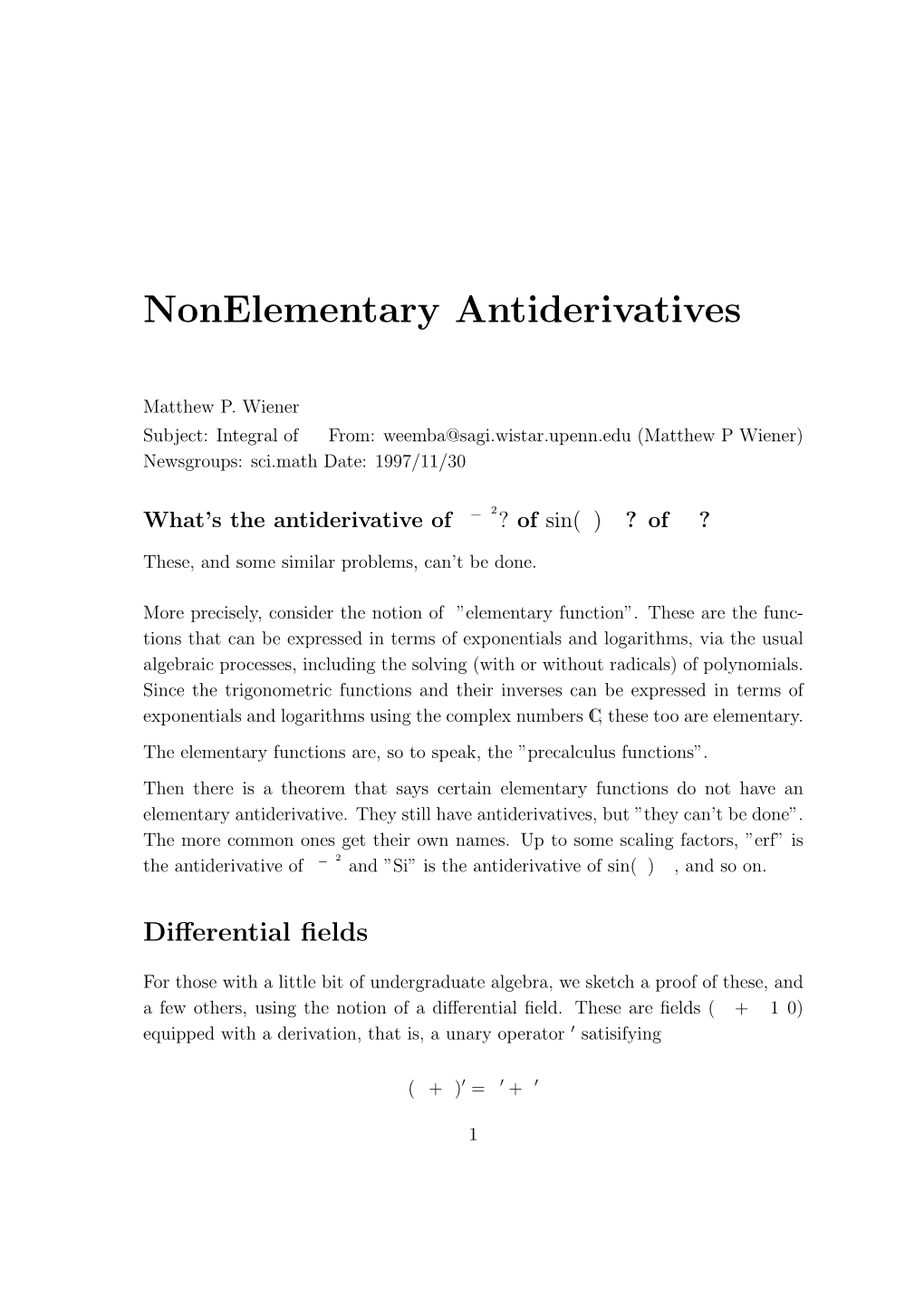 Nonelementary Antiderivatives