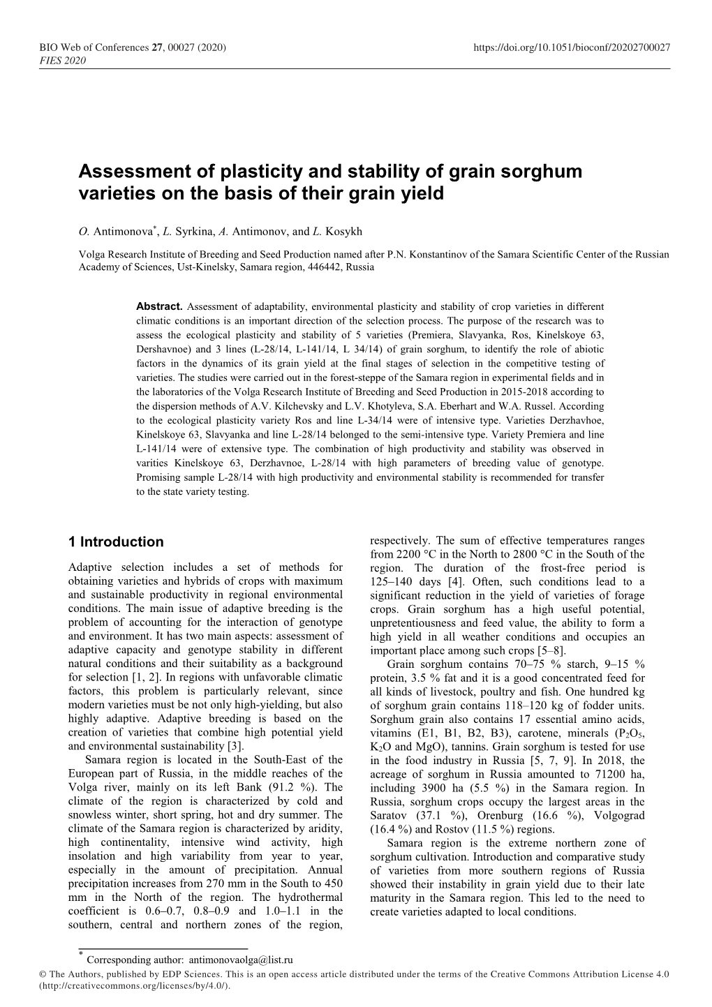 Assessment of Plasticity and Stability of Grain Sorghum Varieties on the Basis of Their Grain Yield