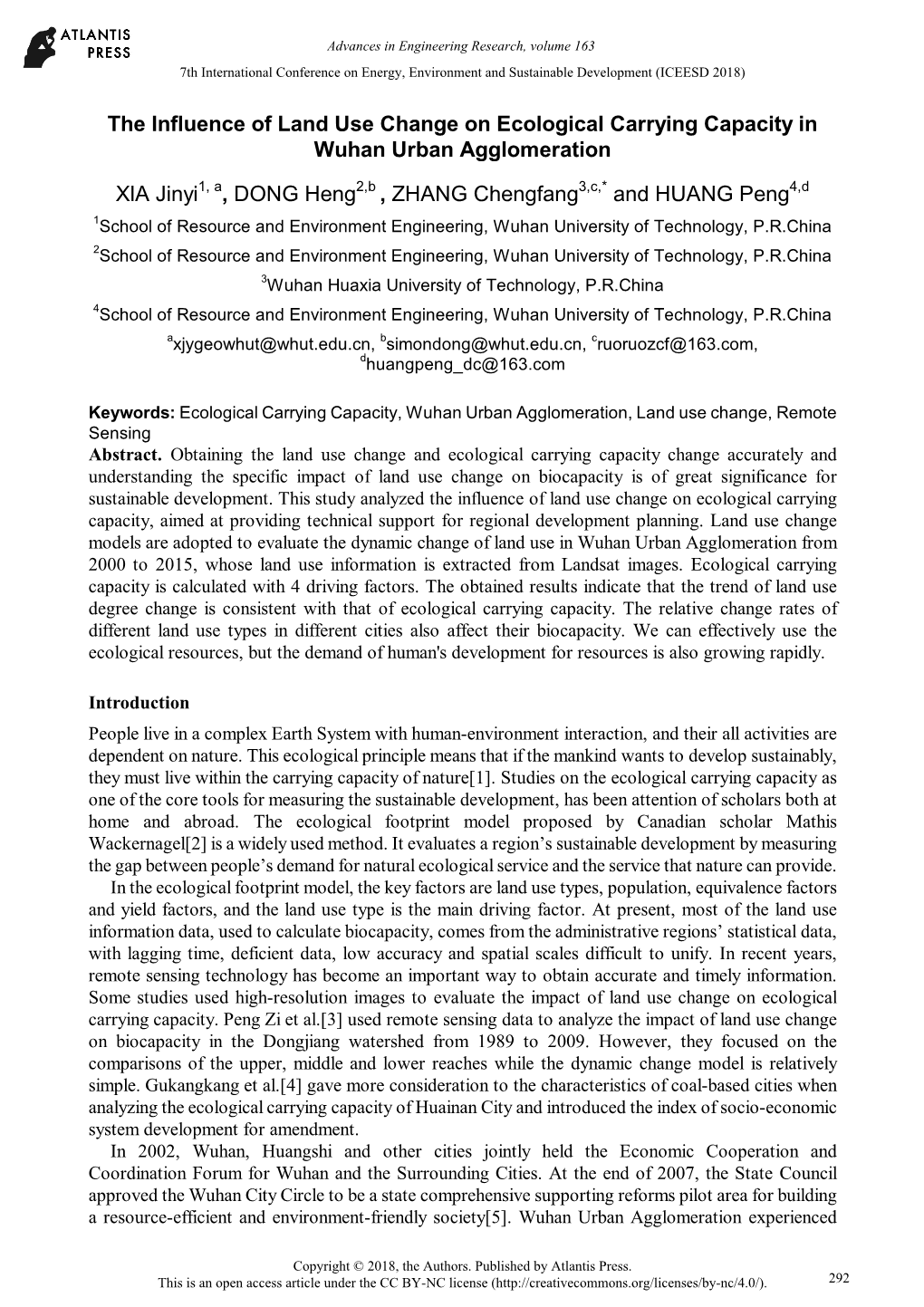 The Influence of Land Use Change on Ecological Carrying Capacity in Wuhan Urban Agglomeration XIA Jinyi , DONG Heng , ZHANG Chen