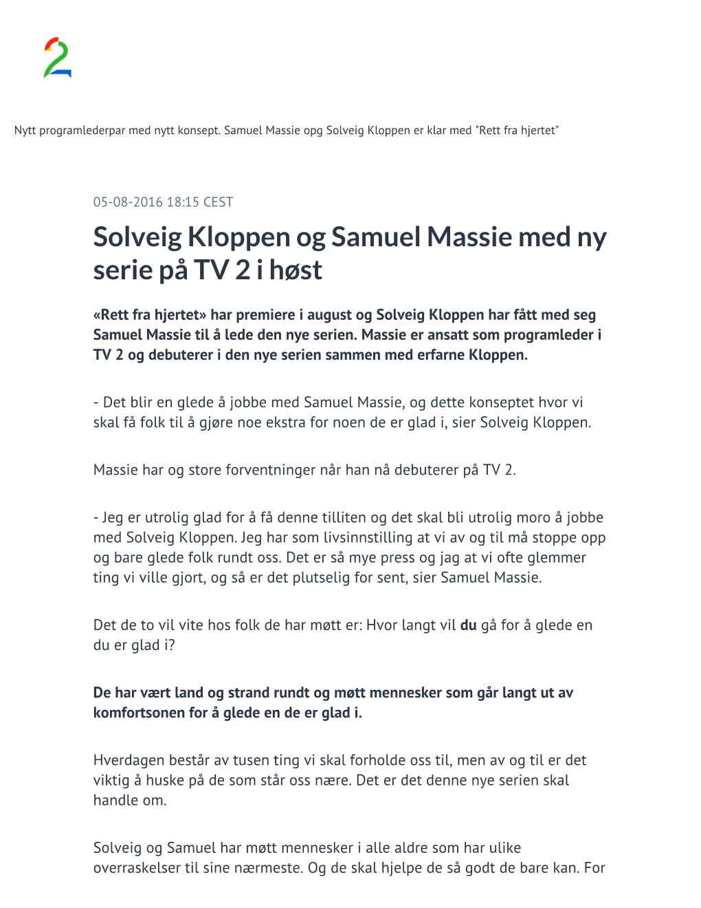 Solveig Kloppen Og Samuel Massie Med Ny Serie På TV 2 I Høst