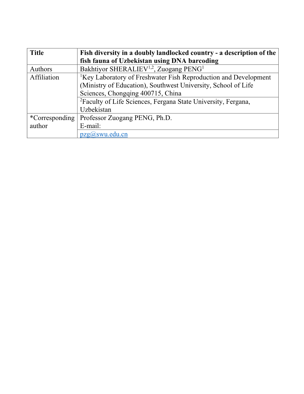 A Description of the Fish Fauna of Uzbekistan Using DNA Barcoding Authors