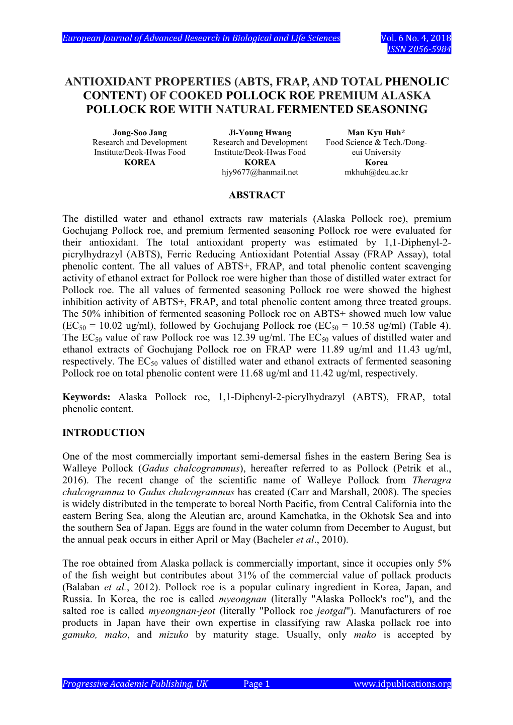 (Abts, Frap, and Total Phenolic Content) of Cooked Pollock Roe Premium Alaska Pollock Roe with Natural Fermented Seasoning