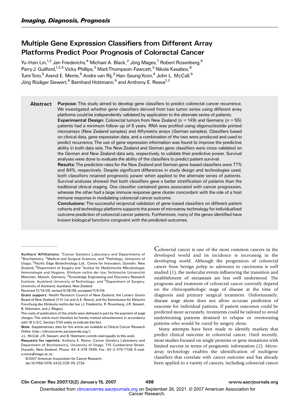 Multiple Gene Expression Classifiers from Different Array Platforms Predict Poor Prognosis of Colorectal Cancer