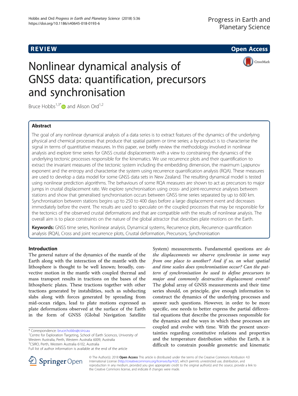 Nonlinear Dynamical Analysis of GNSS Data: Quantification, Precursors and Synchronisation Bruce Hobbs1,3* and Alison Ord1,2