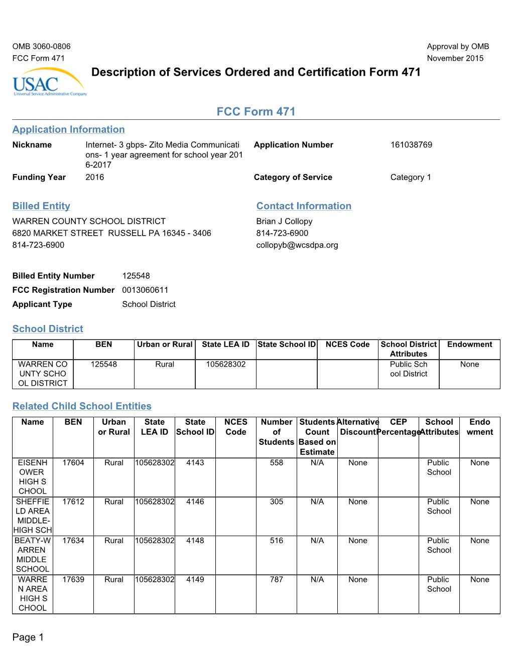 Description of Services Ordered and Certification Form 471 FCC