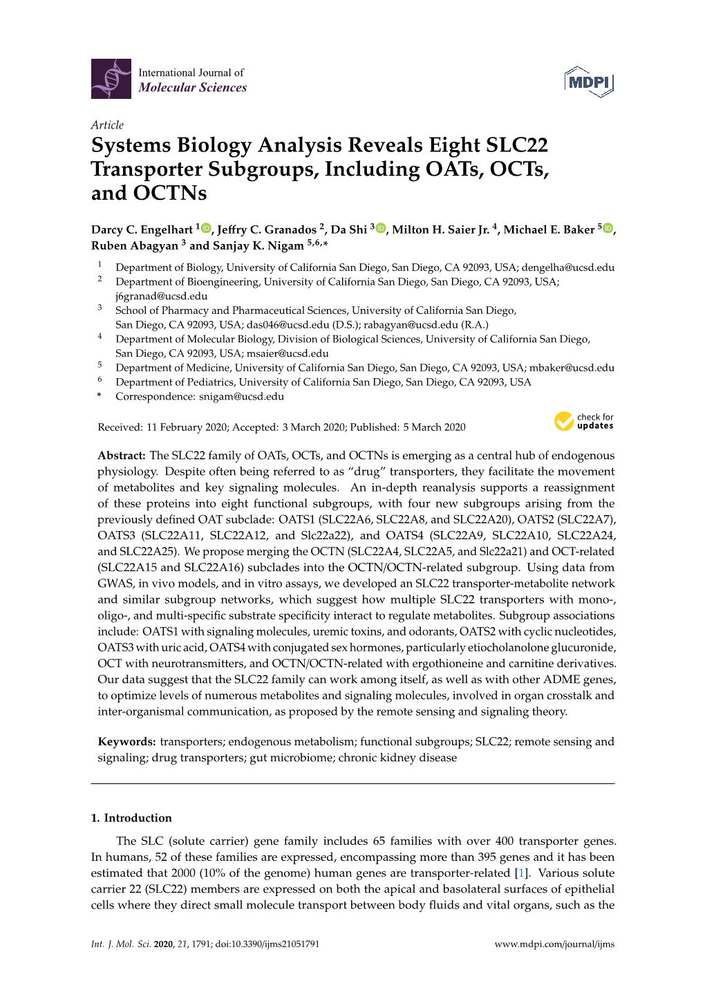 Systems Biology Analysis Reveals Eight SLC22 Transporter Subgroups, Including Oats, Octs, and Octns