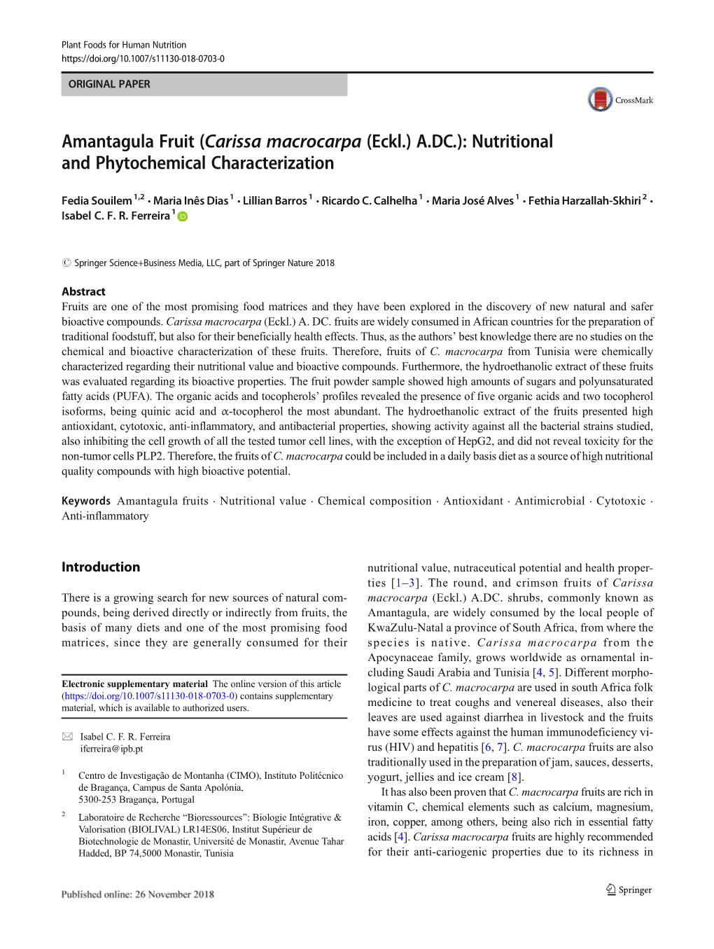 Carissa Macrocarpa (Eckl.) A.DC.): Nutritional and Phytochemical Characterization