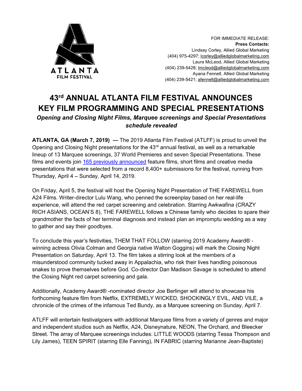 43Rd ANNUAL ATLANTA FILM FESTIVAL ANNOUNCES OPENING