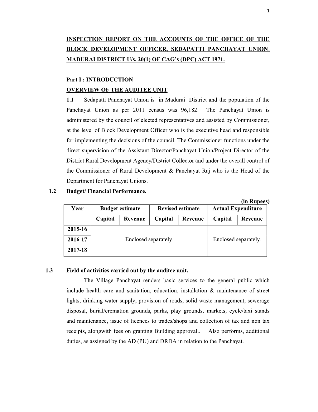 INSPECTION REPORT on the ACCOUNTS of the OFFICE of the BLOCK DEVELOPMENT OFFICER, SEDAPATTI PANCHAYAT UNION, MADURAI DISTRICT U/S