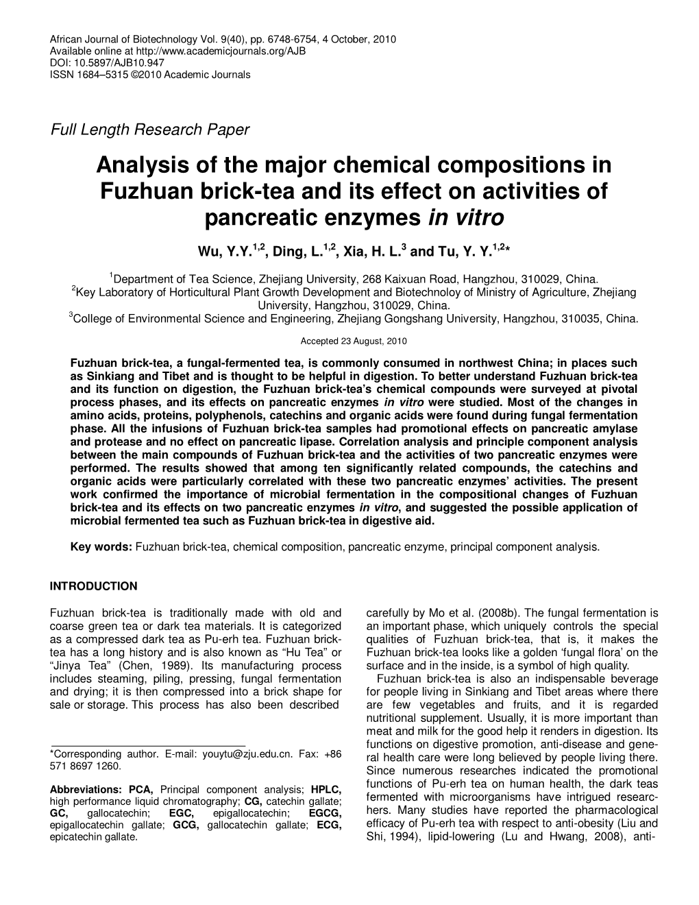 Analysis of the Major Chemical Compositions in Fuzhuan Brick-Tea and Its Effect on Activities of Pancreatic Enzymes in Vitro