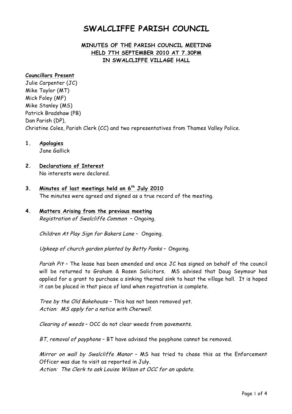 Swalcliffe Parish Council 7Th September